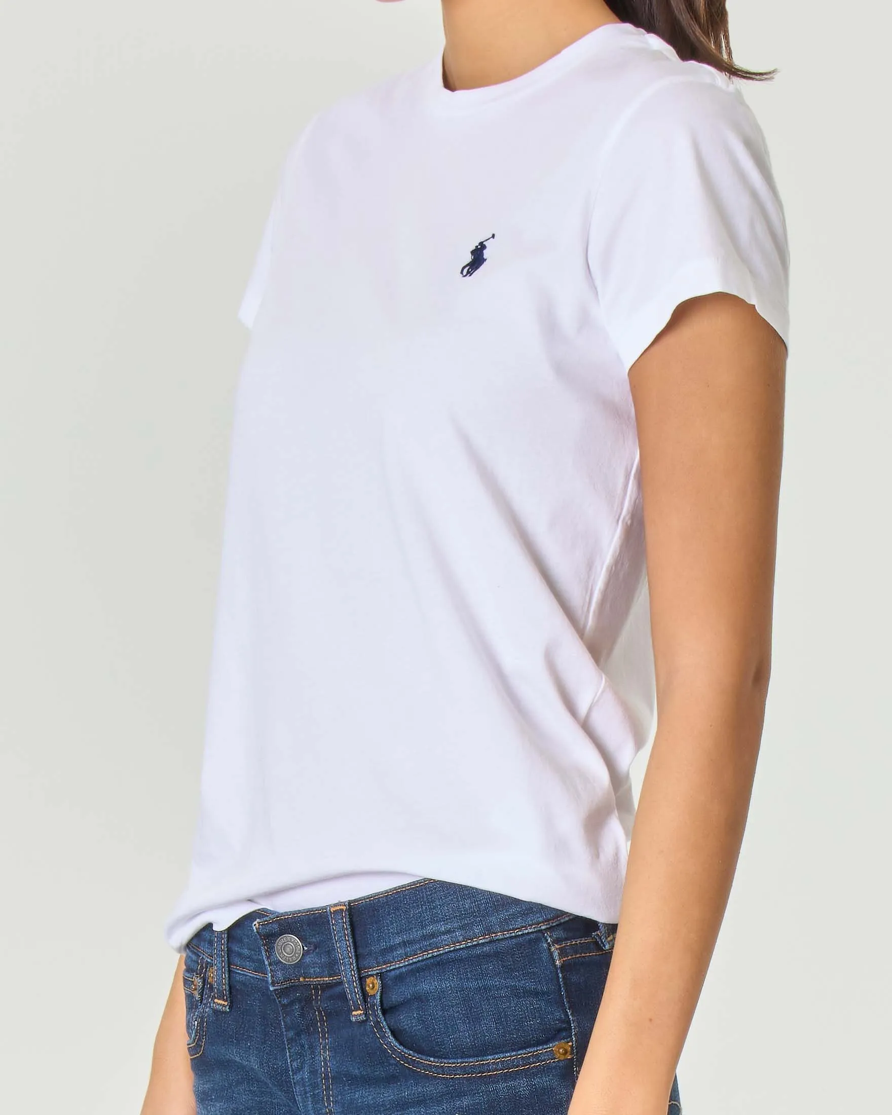 T-shirt bianca girocollo in cotone con logo blu ricamato