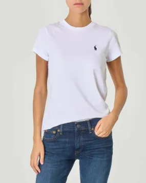 T-shirt bianca girocollo in cotone con logo blu ricamato