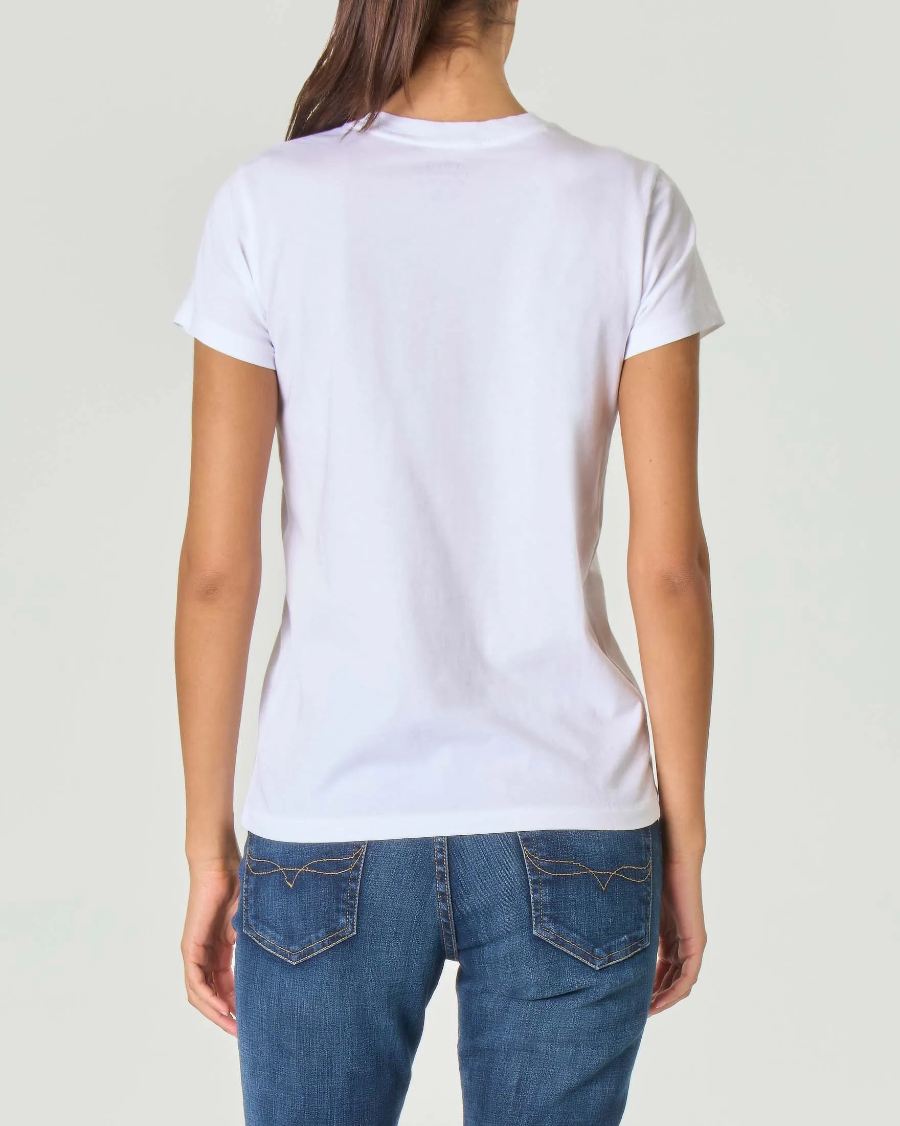T-shirt bianca girocollo in cotone con logo blu ricamato
